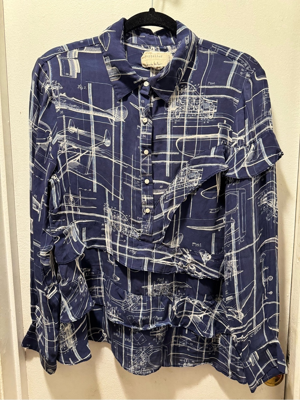 Nicole Miller Aviation Blueprint Ruffle Button-Up Blouse